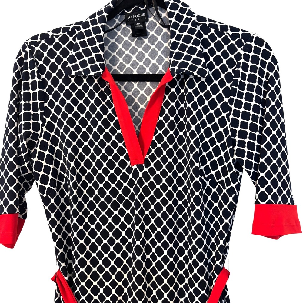 Navy White Geometric Print Sheath Dress Red Trim 4P Feminine Parisian Chic Retro - Picture 2 of 12
